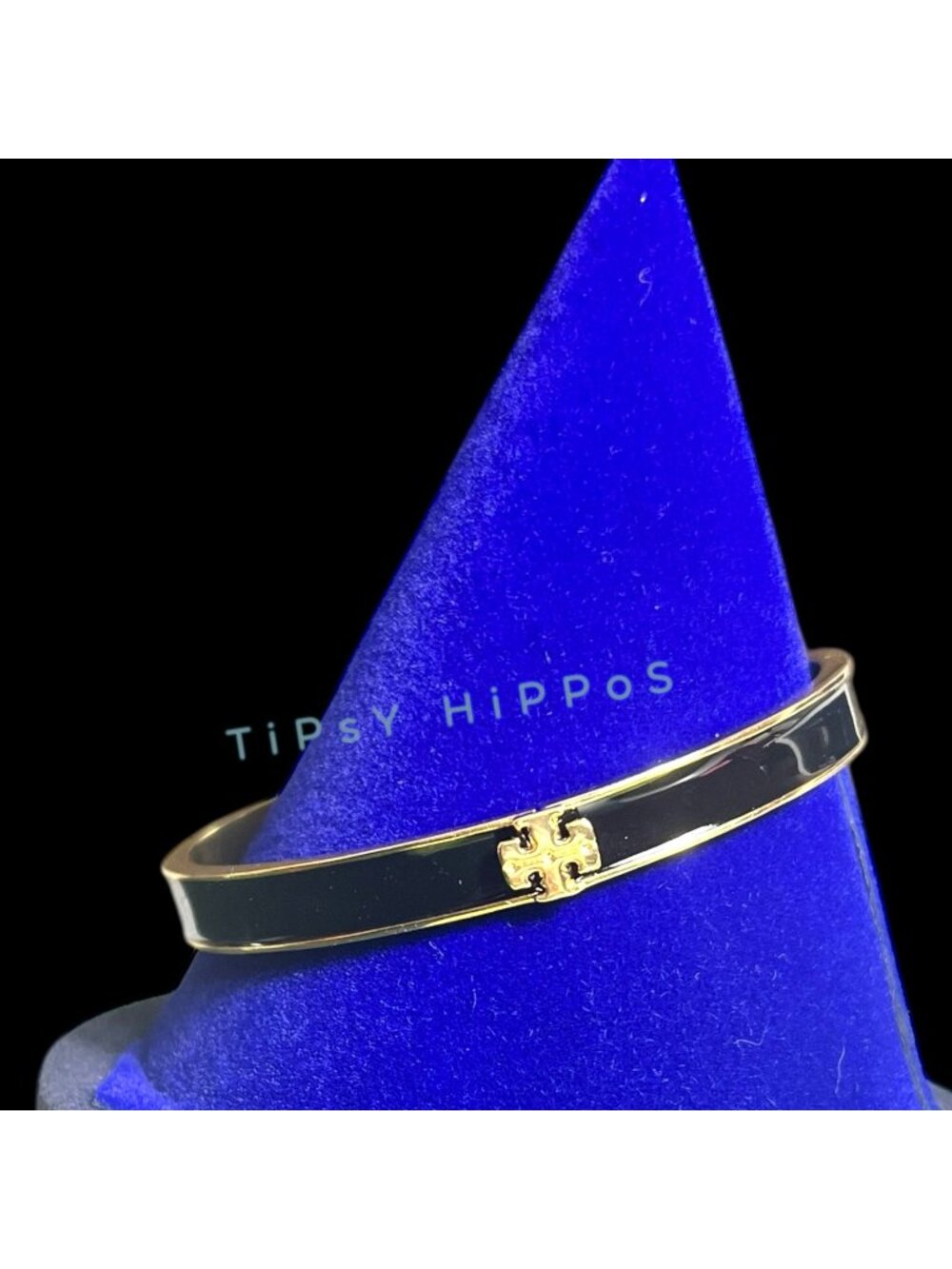 ***Tory Burch Kira Black & Gold Enamel Logo Hinged Bangle Bracelet